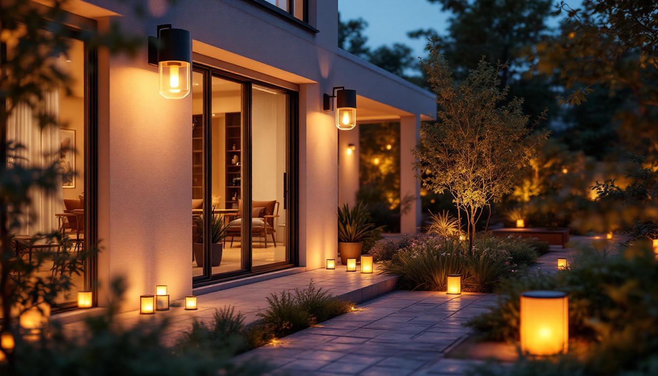 A photograph of a beautifully illuminated outdoor space featuring a variety of stylish exterior lights