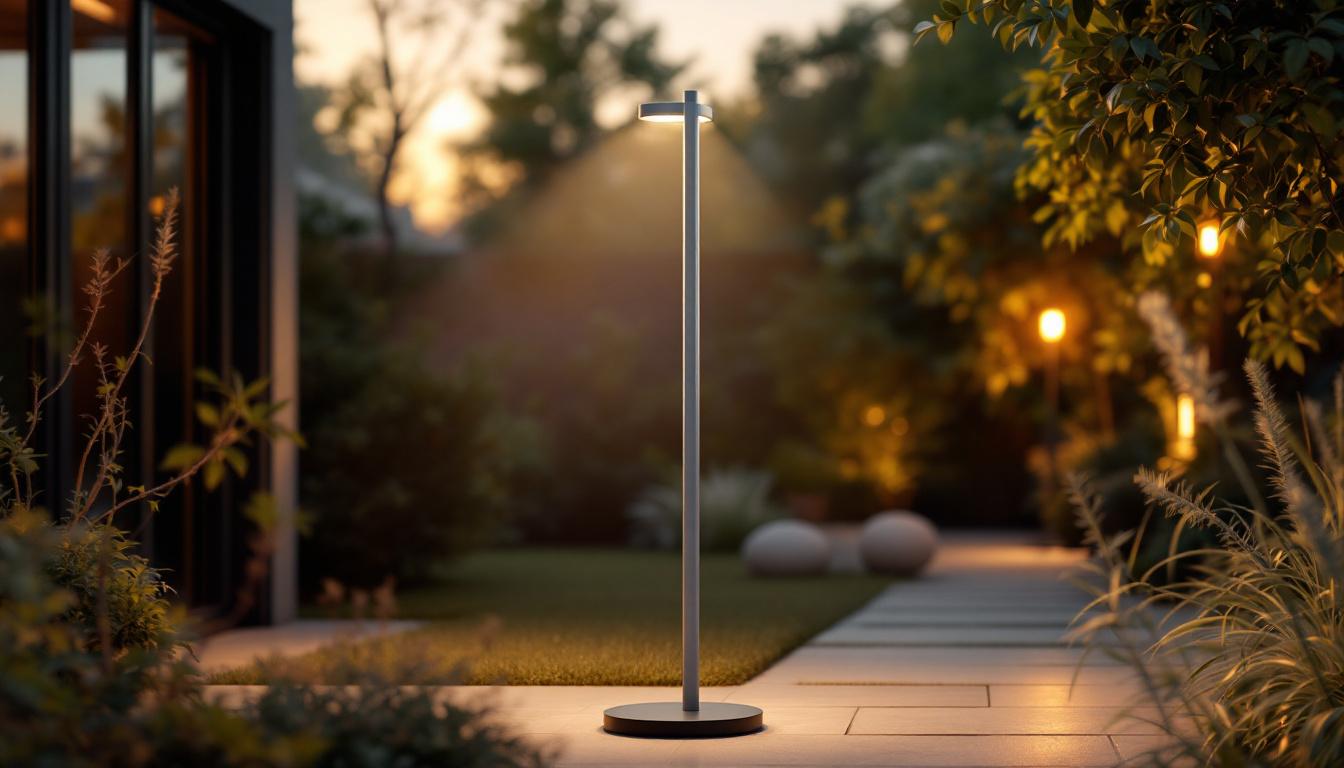 A photograph of a sleek outdoor light stand in a modern garden setting