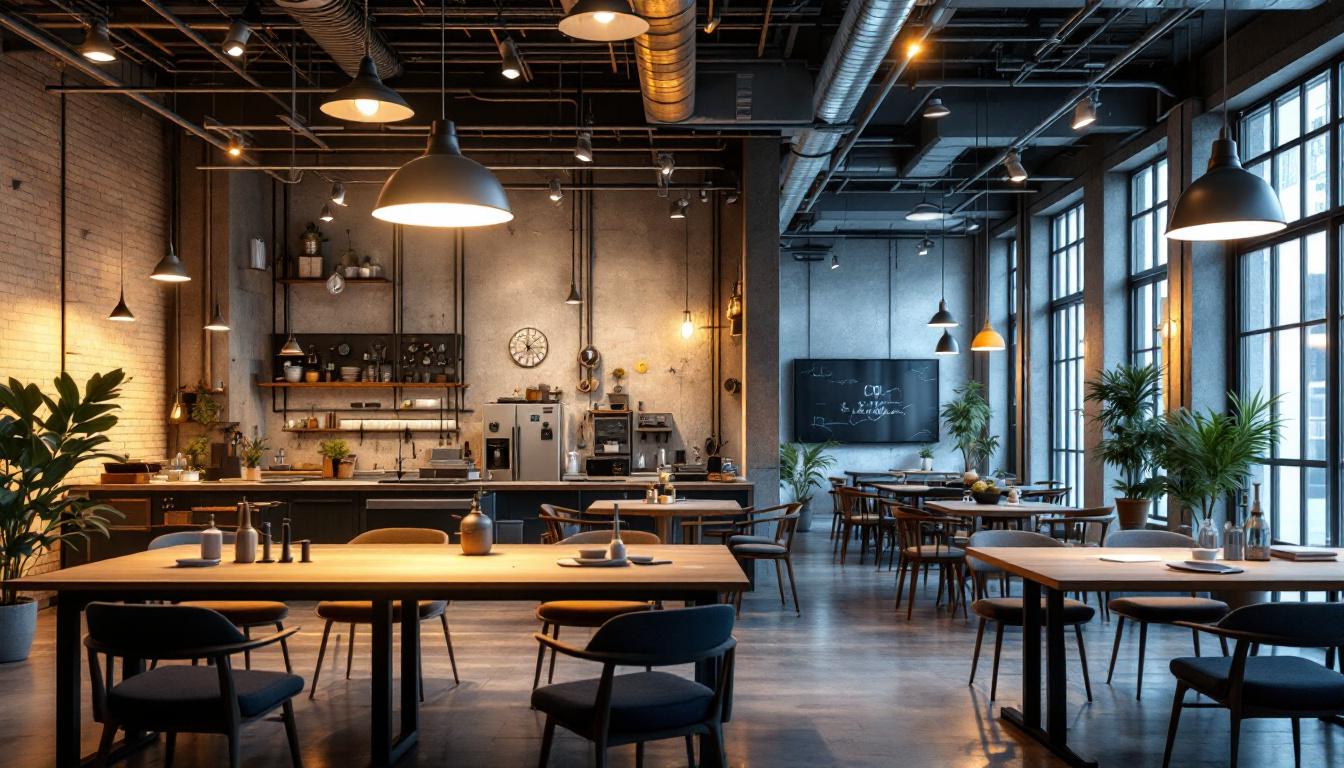 A photograph of a well-lit industrial workspace showcasing robust lighting fixtures alongside a stylish commercial space with elegant lighting design