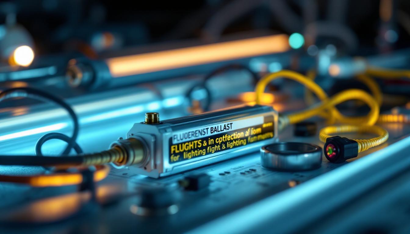 A photograph of a close-up shot of a fluorescent ballast alongside various lighting design elements