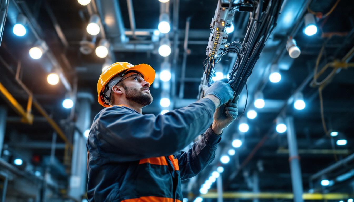 A photograph of a skilled electrician or technician carefully bypassing a ballast in a large-scale lighting installation