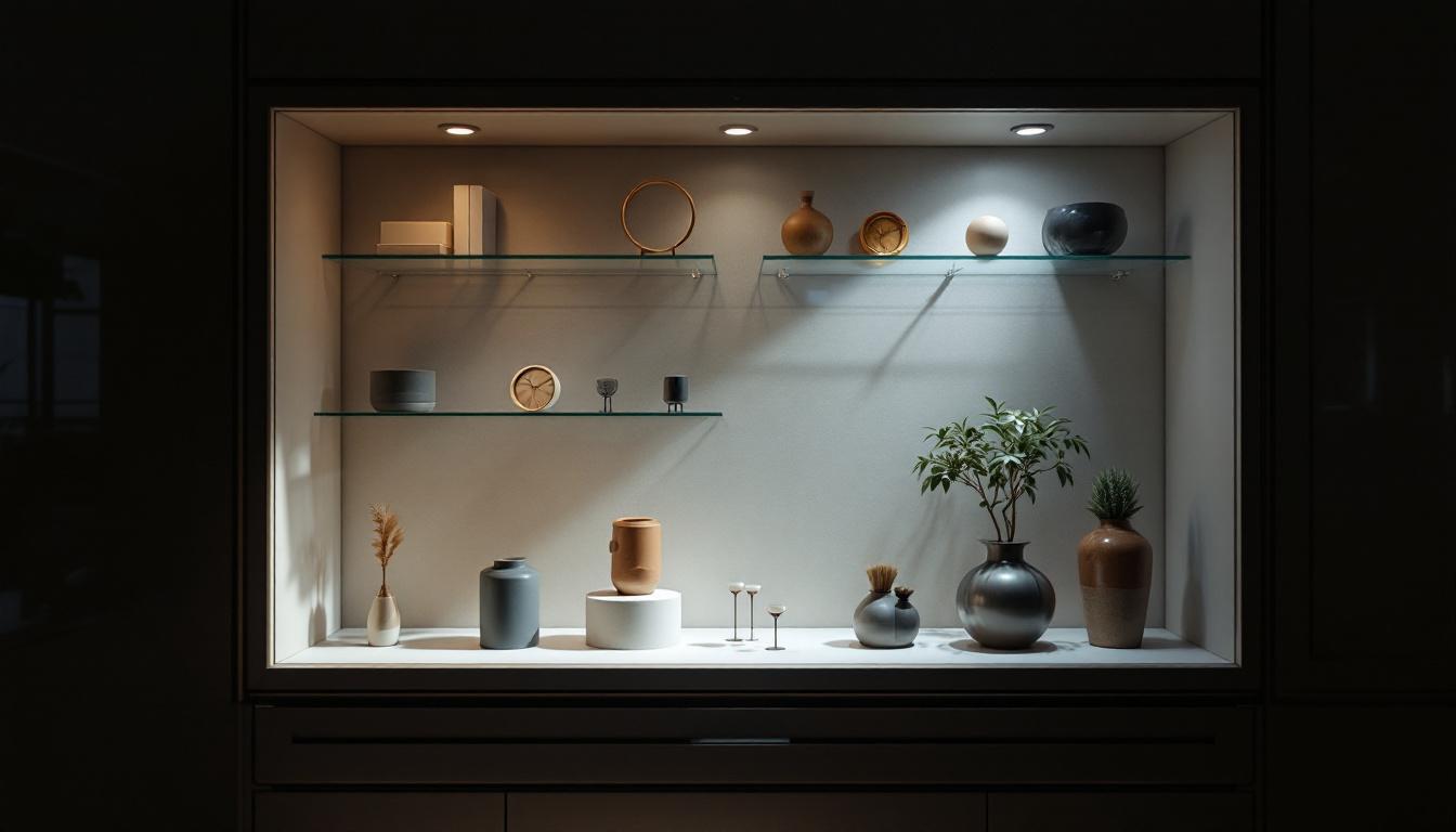 A photograph of a well-lit display cabinet showcasing various items