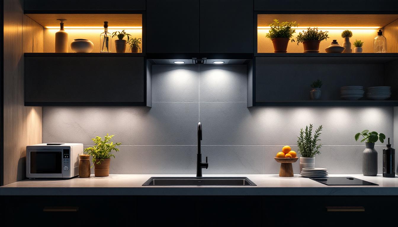 A photograph of a well-lit kitchen featuring stylish under cabinet led lights illuminating the countertop