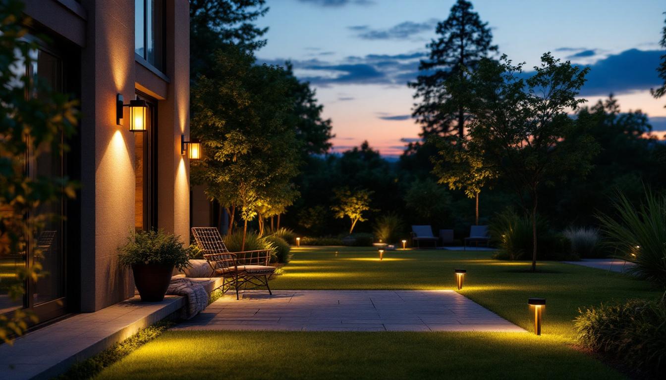 A photograph of a beautifully lit outdoor space showcasing various styles of outdoor lighting fixtures in use