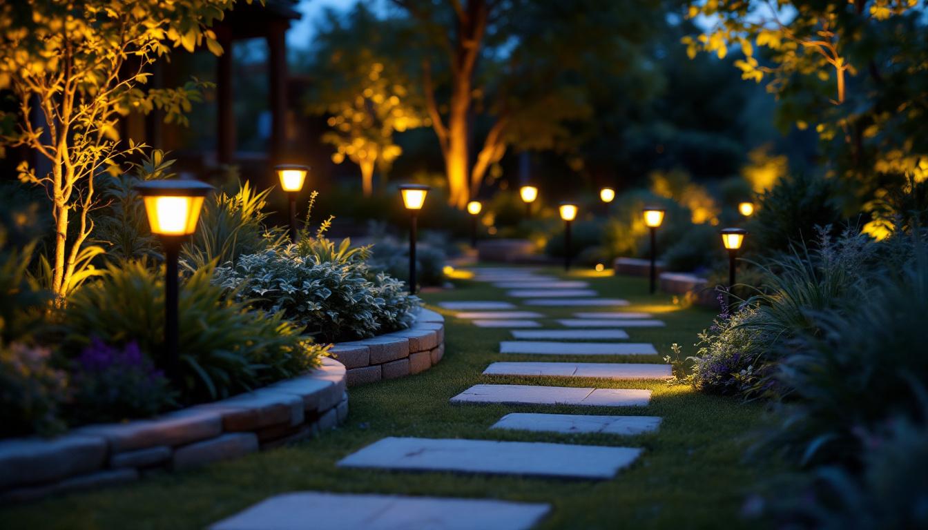 A photograph of a beautifully landscaped outdoor space illuminated by solar-powered led spotlights