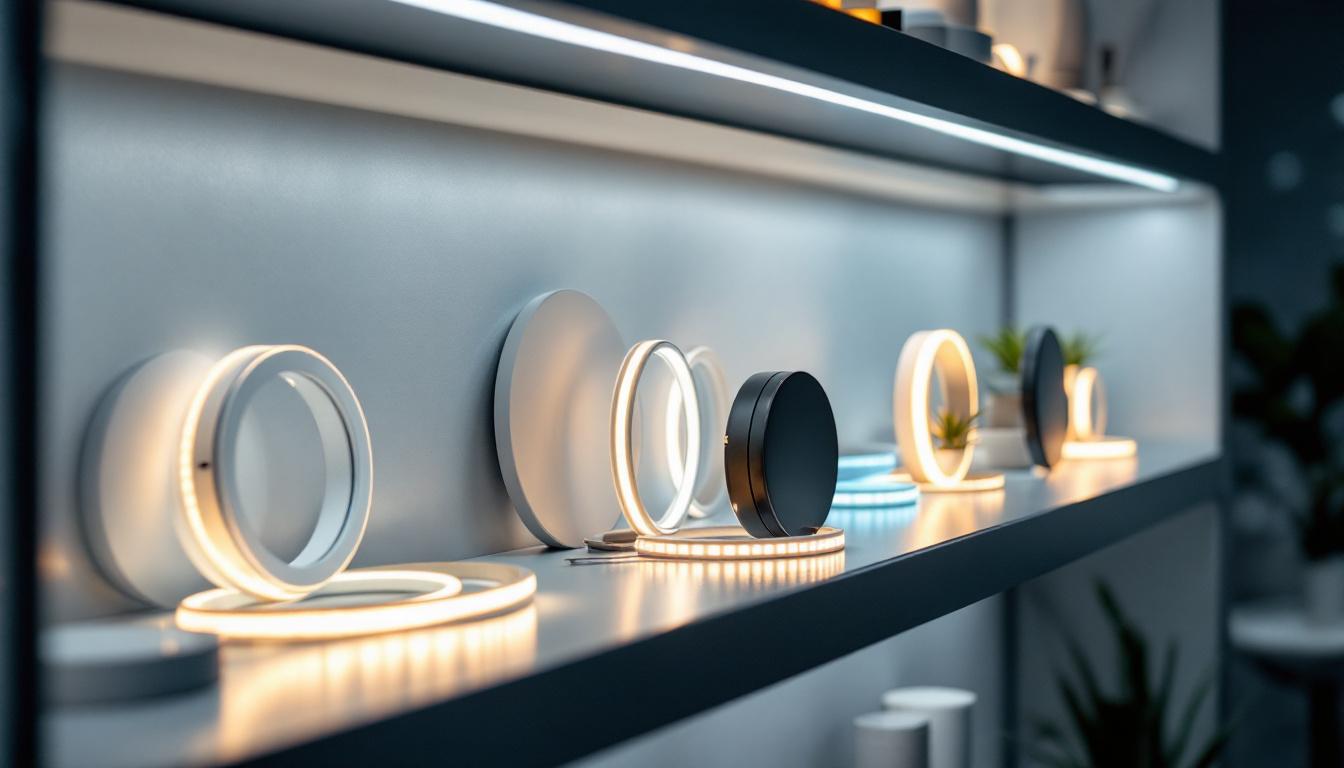 A photograph of a well-lit shelf displaying various lighting strips in use