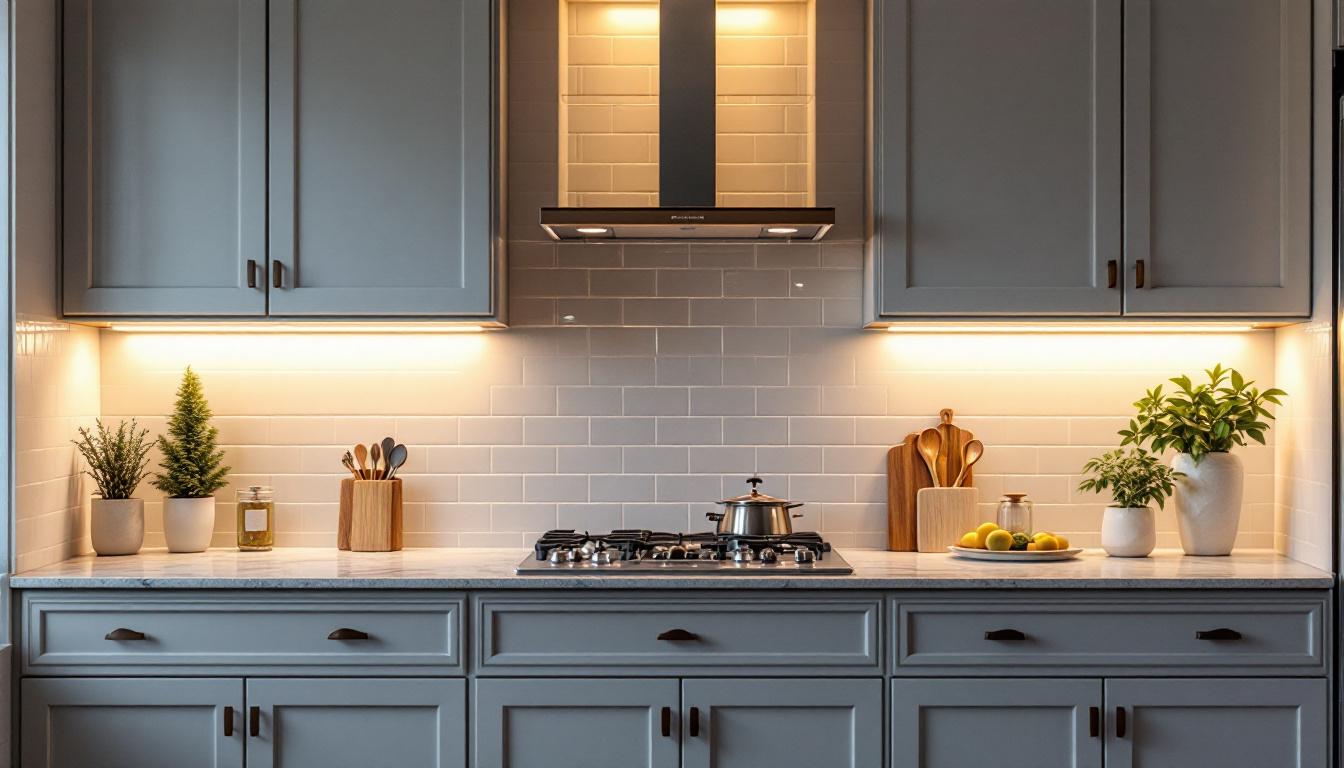A photograph of a beautifully designed kitchen featuring various under cabinet lighting options
