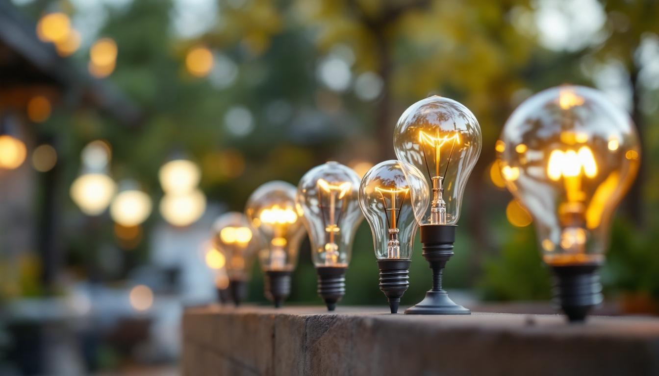 A photograph of a variety of outdoor light bulbs in different styles and settings