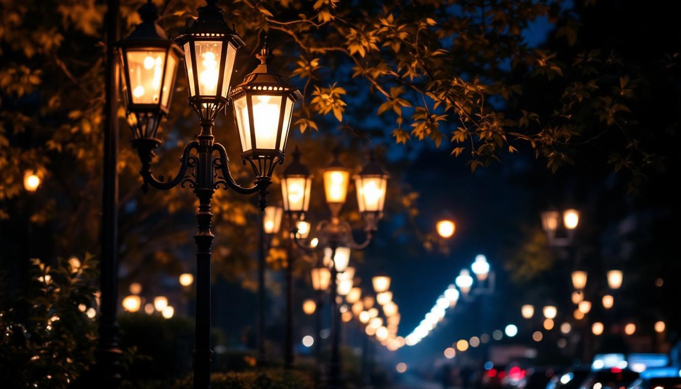 A photograph of a beautifully illuminated street scene featuring a variety of lamp posts and lanterns