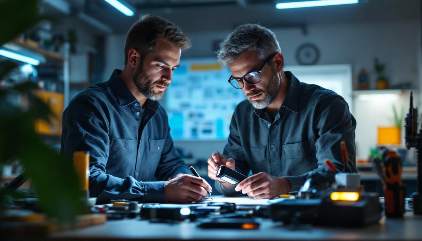 A photograph of a well-lit workspace featuring an engineer examining various battery emergency lights