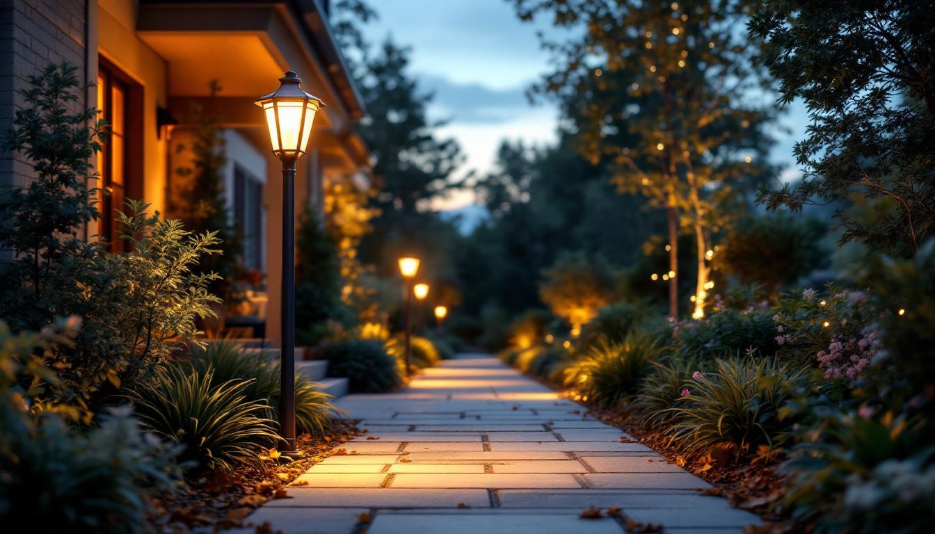 A photograph of a beautifully designed outdoor post light illuminating a well-landscaped pathway at dusk