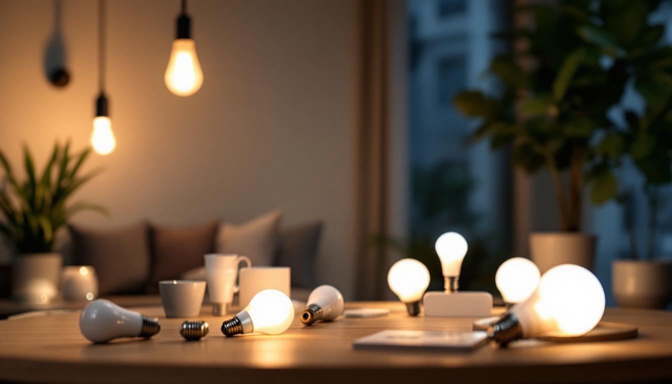A photograph of a modern living space featuring various led light bulbs in use