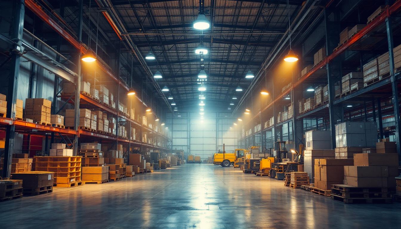 A photograph of a well-lit industrial warehouse interior showcasing various types of lighting fixtures in action