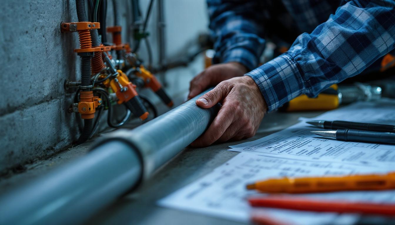 A photograph of a close-up shot of an electrical engineer examining a 5/6 inch conduit installation