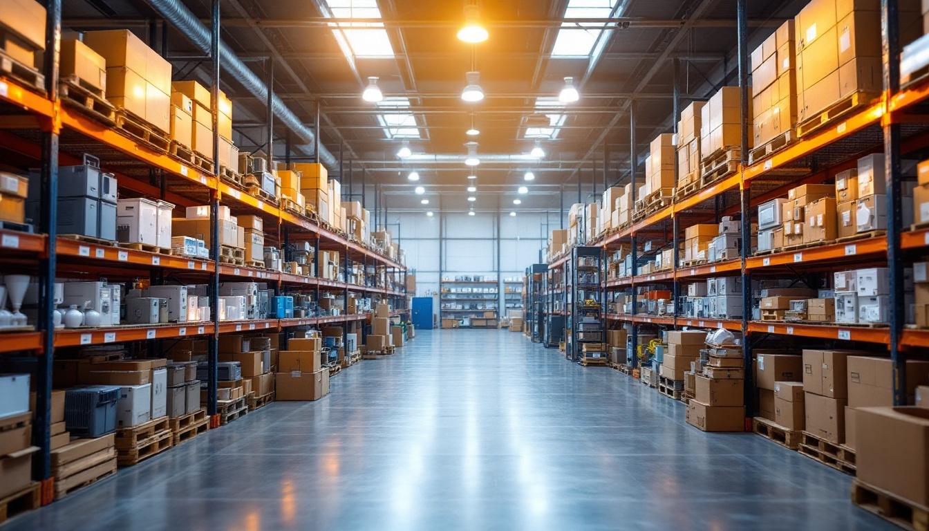 A photograph of a well-organized electrical supply warehouse showcasing various lighting fixtures and electrical equipment