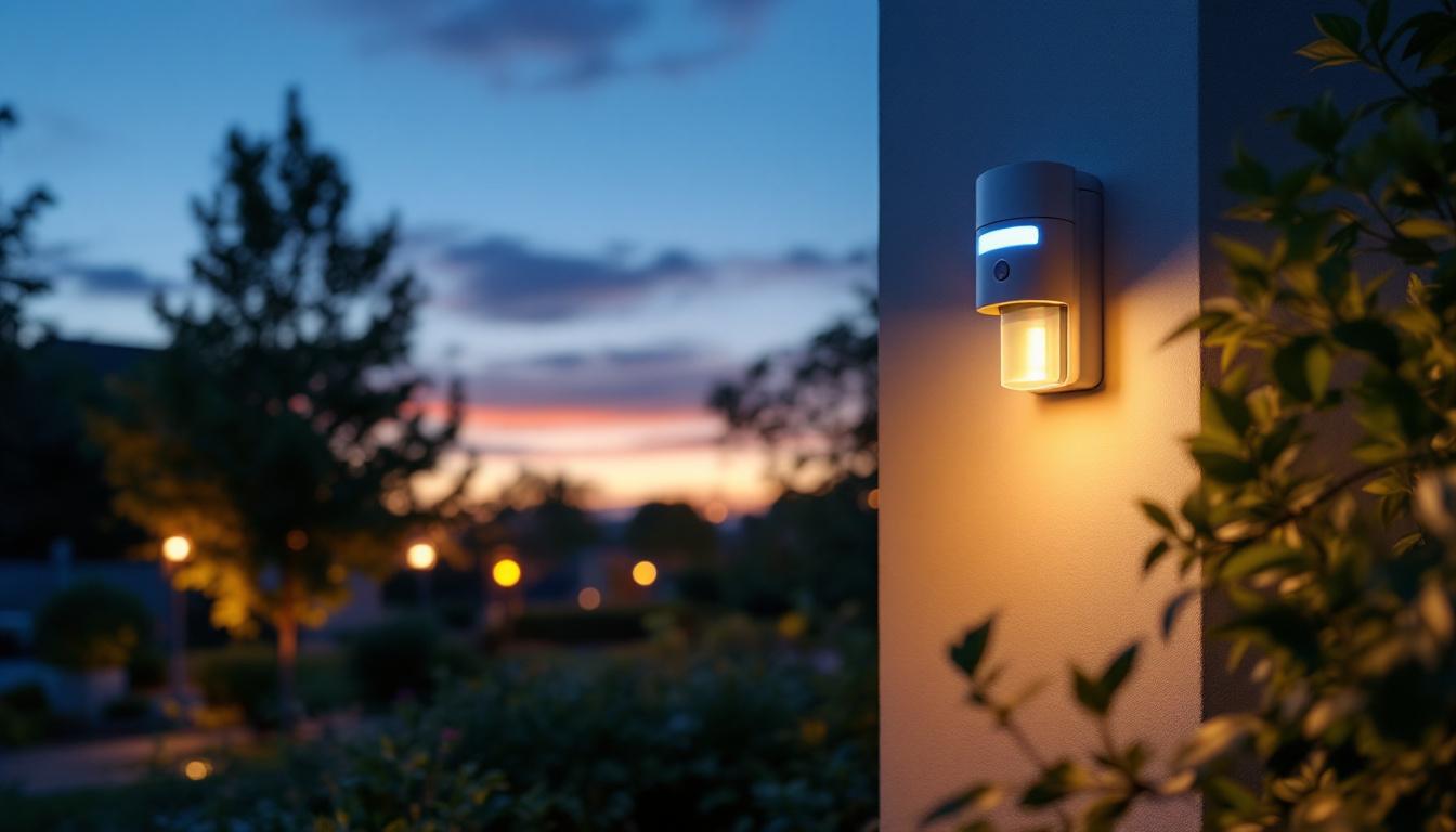 A photograph of a modern outdoor lighting setup at dusk