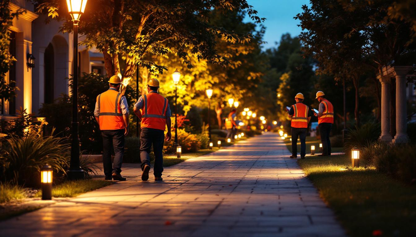 A photograph of a beautifully illuminated outdoor sidewalk scene at dusk