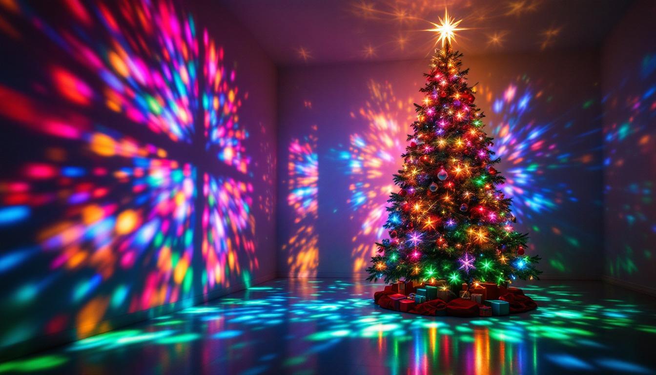 A photograph of a beautifully decorated christmas tree adorned with intricate lighting projections