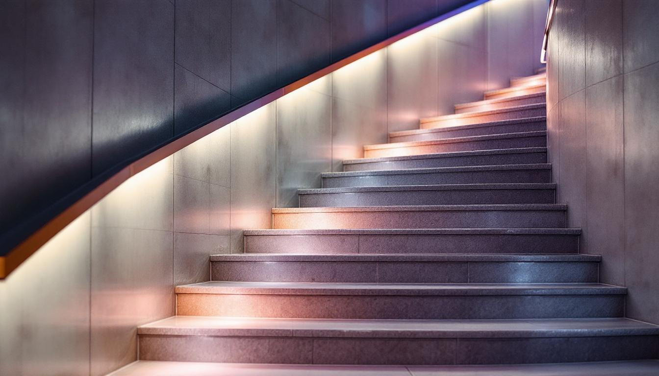 A photograph of a beautifully illuminated staircase featuring stylish led lights