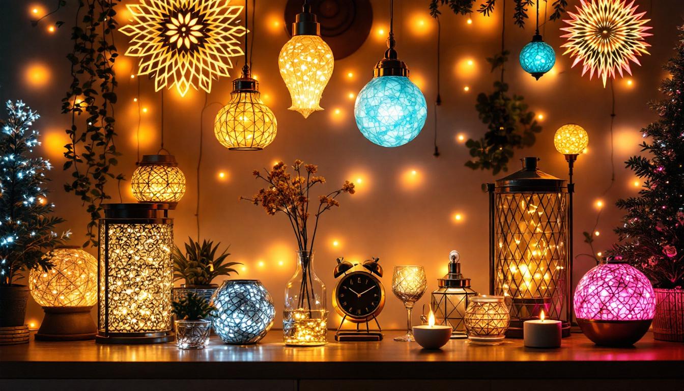 A photograph of a beautifully arranged display of various decorative led lights in different settings