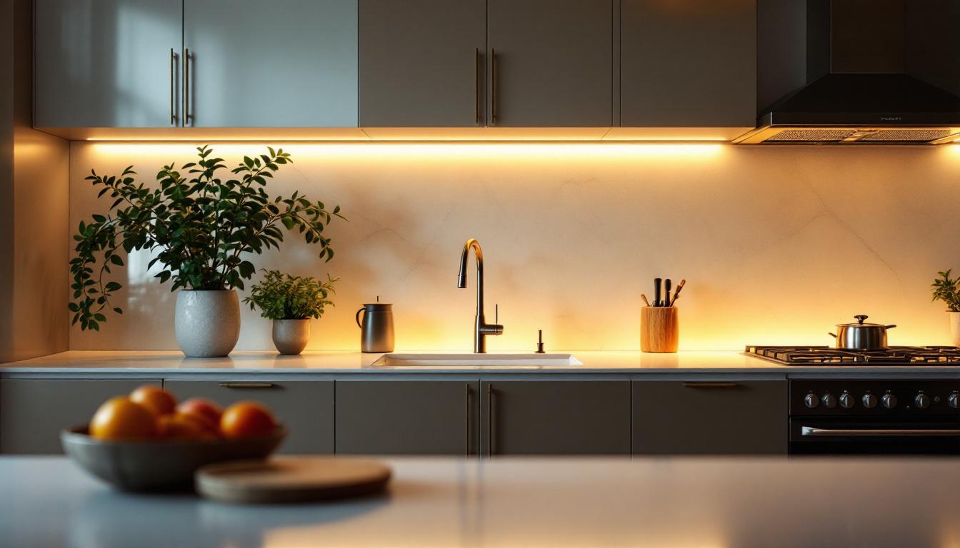 A photograph of a beautifully illuminated kitchen featuring under-cabinet lighting that highlights the countertops and enhances the overall ambiance