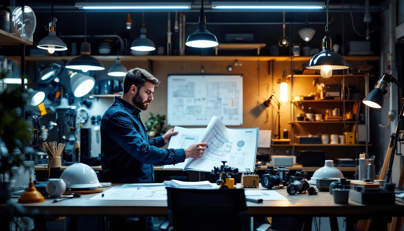 A photograph of a well-lit engineering workspace featuring a variety of wholesale lighting products