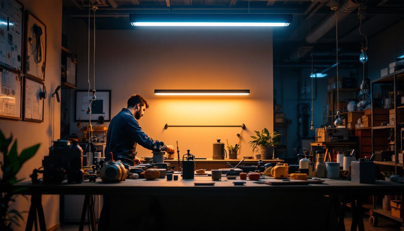 A photograph of a well-lit workspace featuring a fluorescent luminaire in use