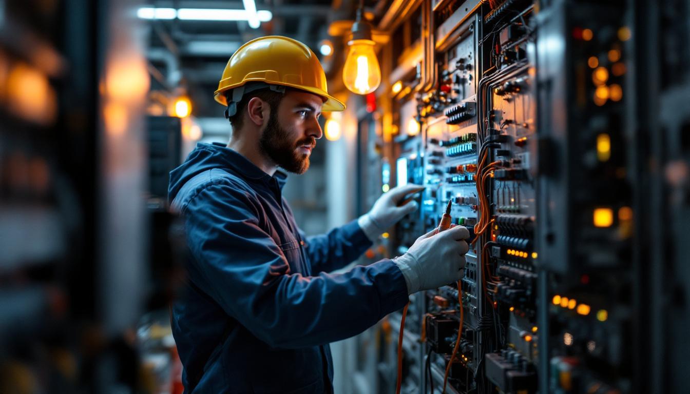 A photograph of a technician inspecting and troubleshooting a modern lighting panel in a well-lit electrical room