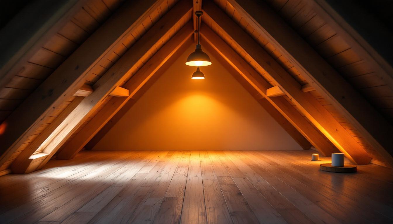 A photograph of a beautifully lit attic space showcasing a variety of lighting fixtures and their effects