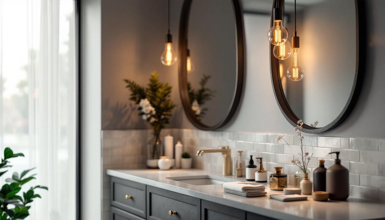A photograph of a stylish bathroom featuring elegant pendant light fixtures