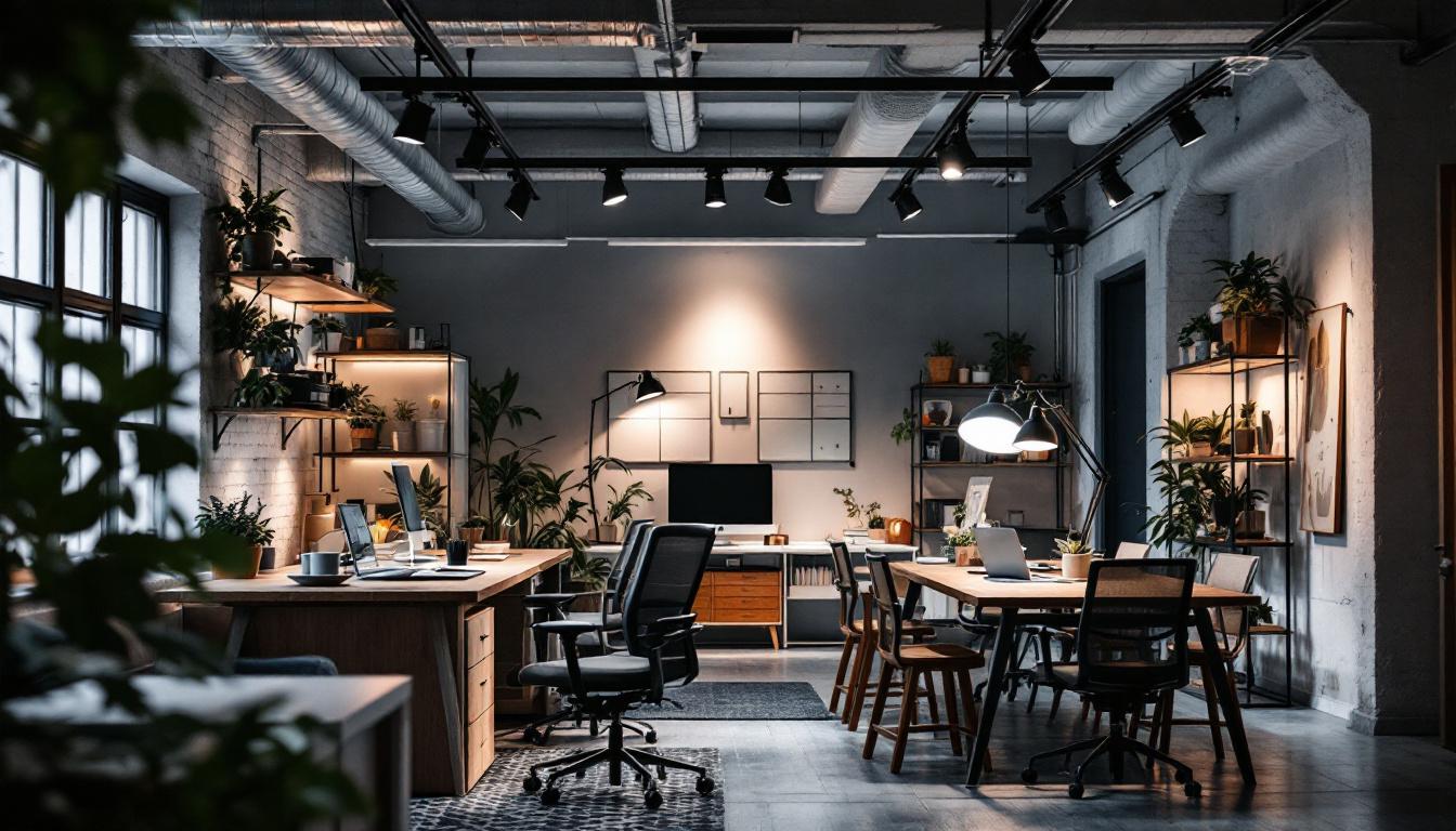A photograph of a well-lit workspace showcasing a variety of track bar lighting installations
