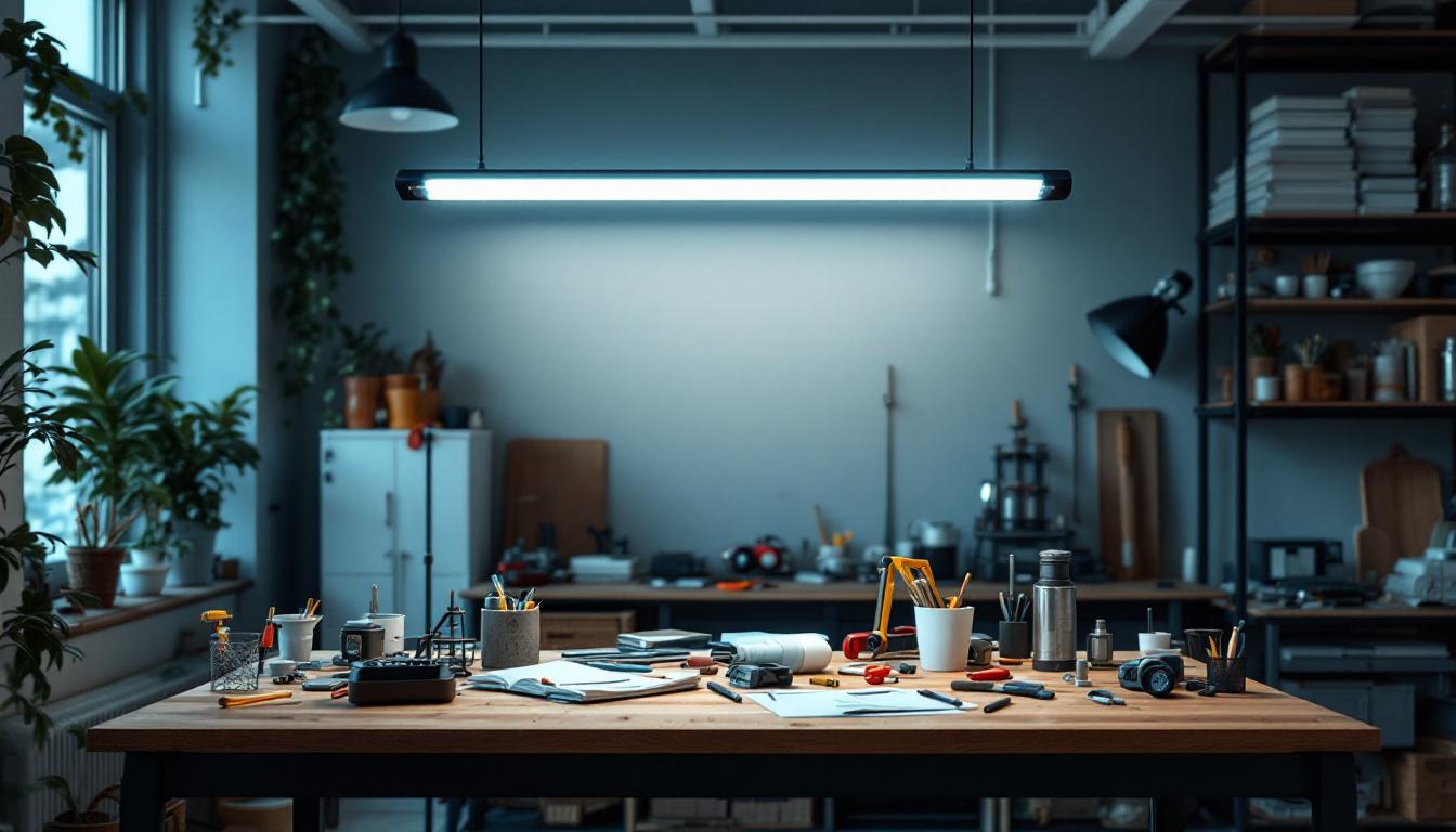 A photograph of a well-lit workspace featuring an 8 ft fluorescent bulb installed in a modern setting