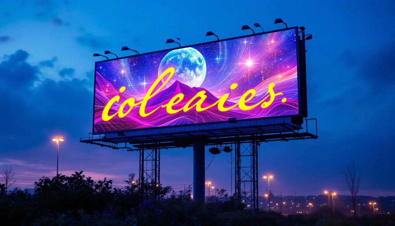 A photograph of a solar-powered billboard illuminated at dusk