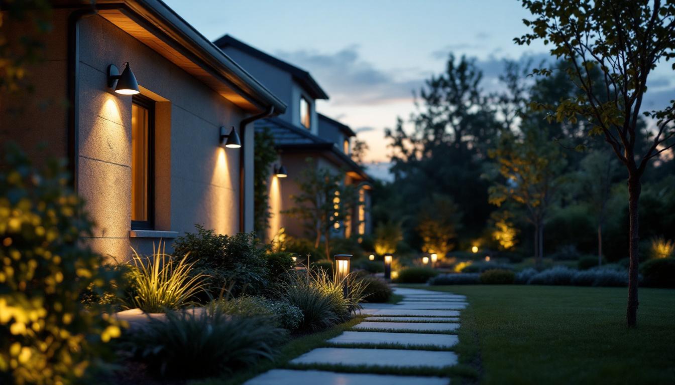 A photograph of a well-designed outdoor lighting setup featuring various types of fixtures and their placement in a residential landscape