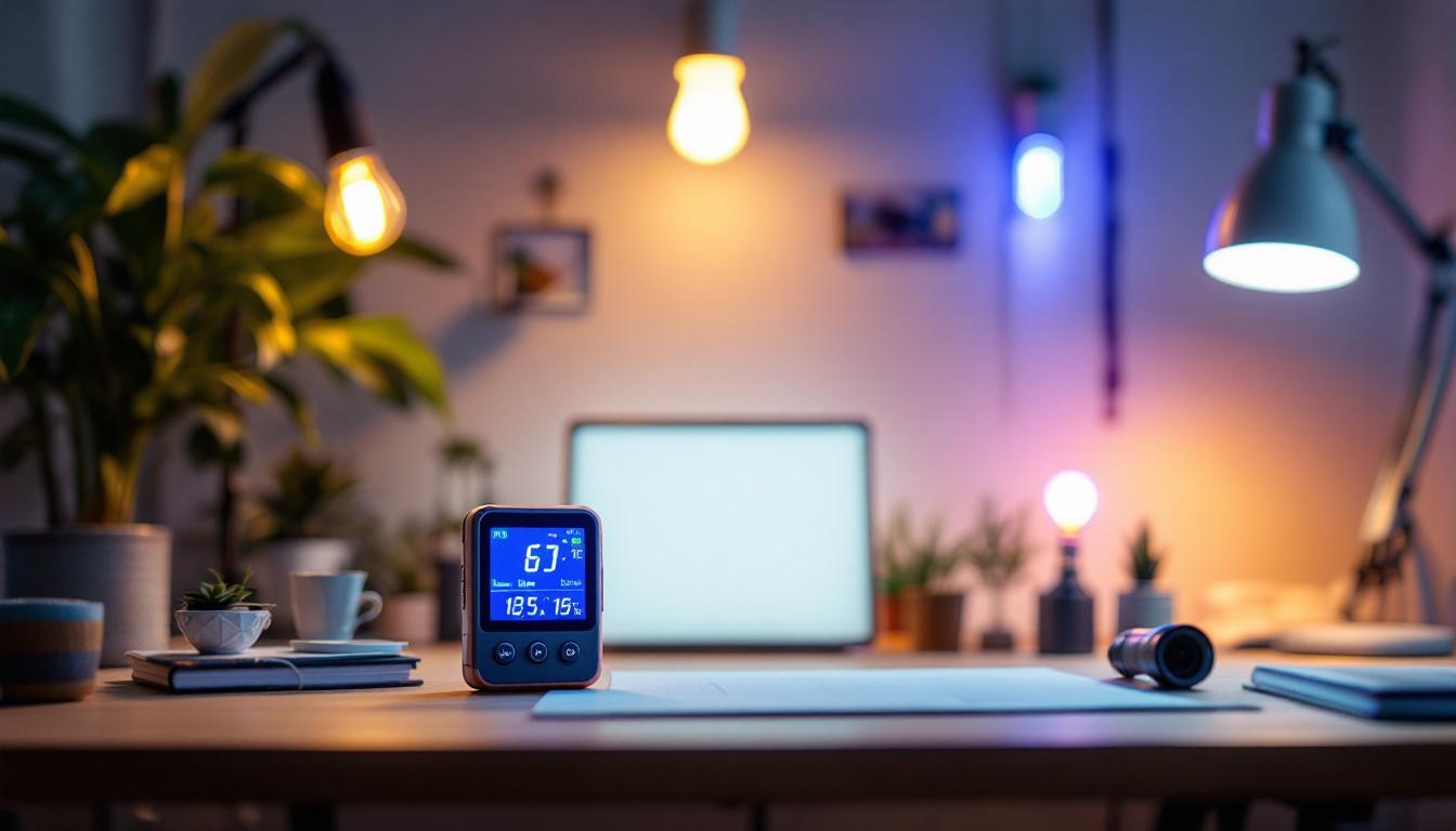 A photograph of a well-lit workspace featuring various lighting fixtures