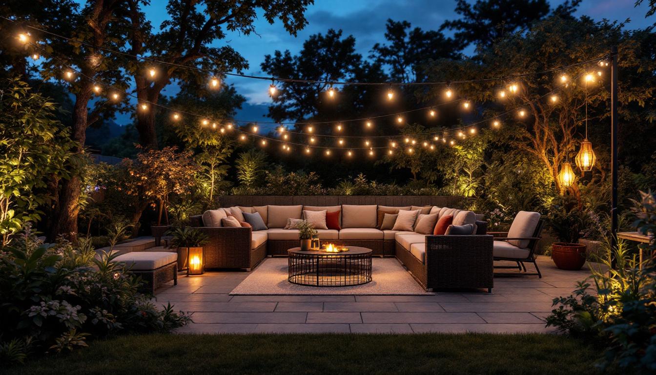 A photograph of a beautifully illuminated outdoor patio scene at dusk
