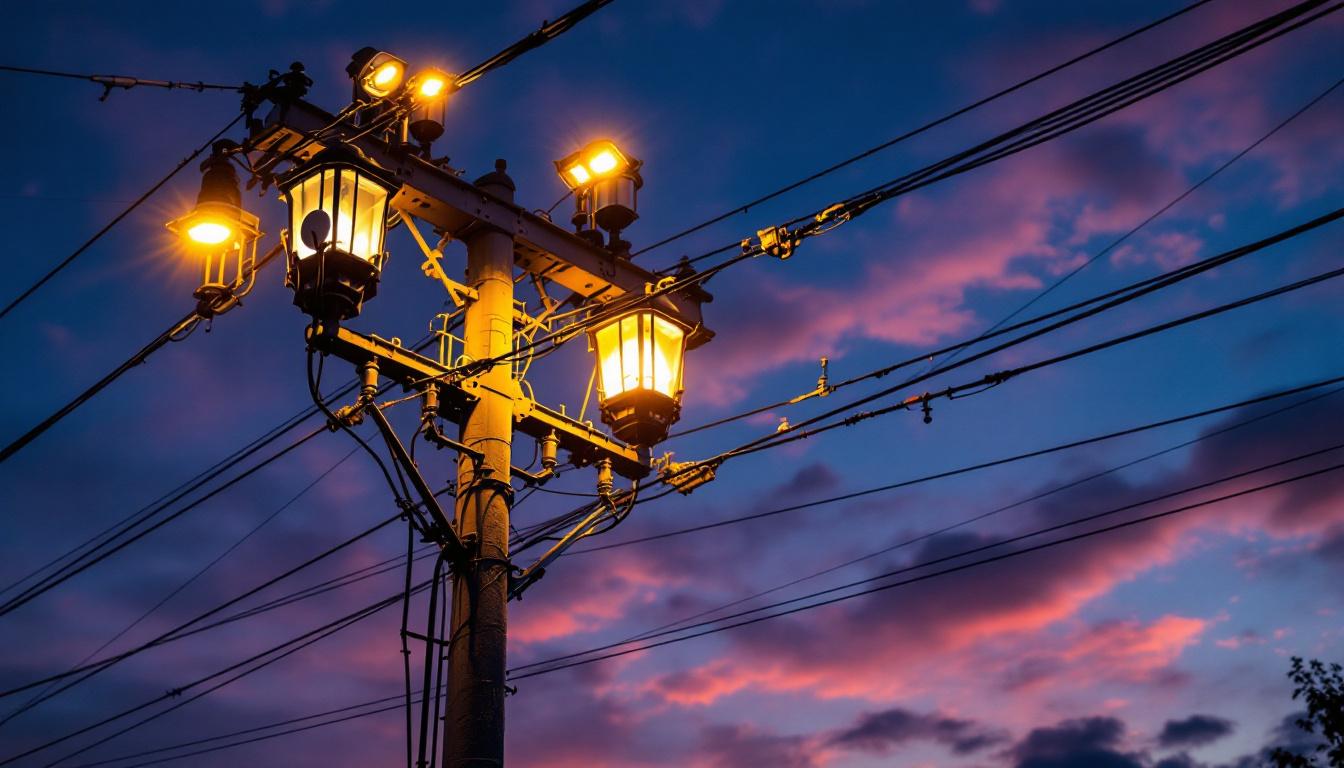 A photograph of a well-lit electrical pole at dusk