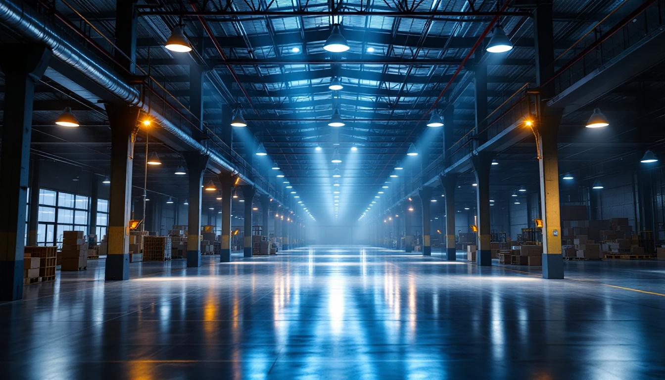 A photograph of a well-lit warehouse interior showcasing various lighting fixtures and their placement