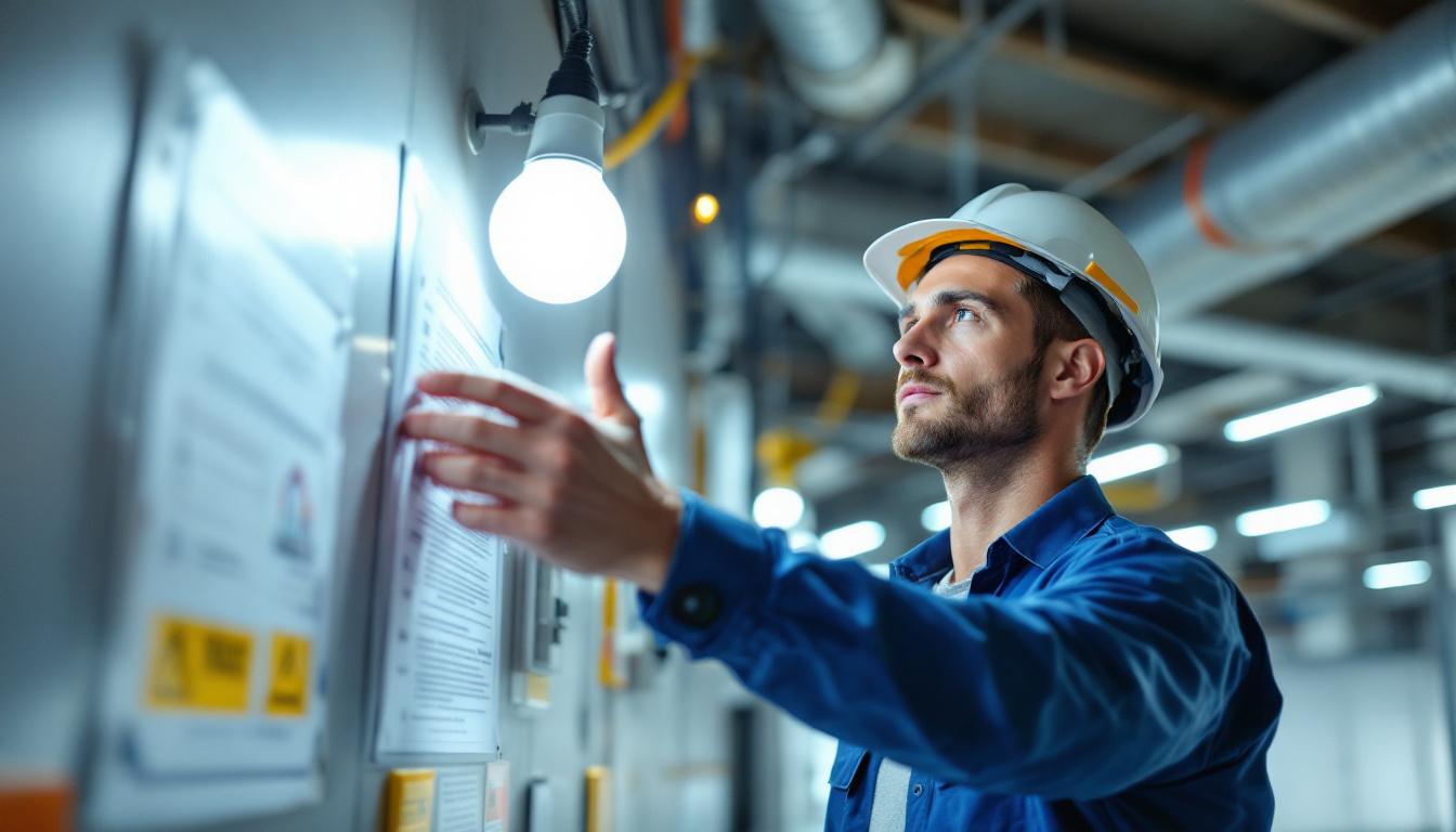 A photograph of a skilled engineer examining a modern led lighting installation in a commercial setting