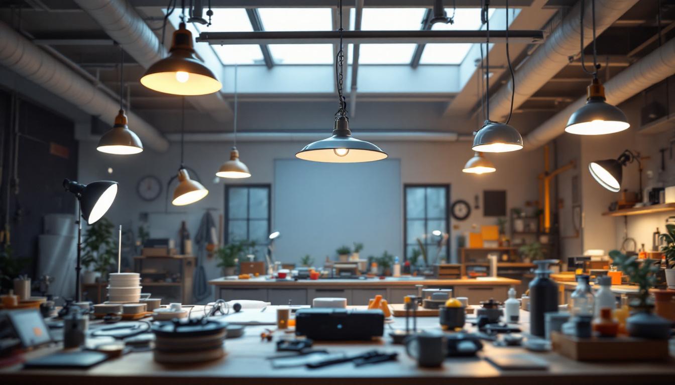 A photograph of a well-lit workspace featuring a variety of lighting fixtures in use