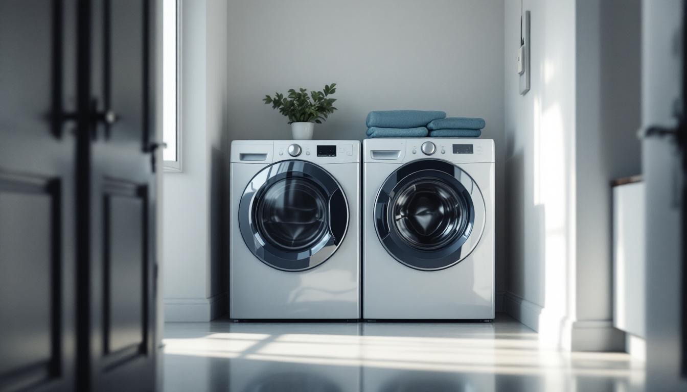 A photograph of a well-lit laundry room featuring a modern washer and dryer set