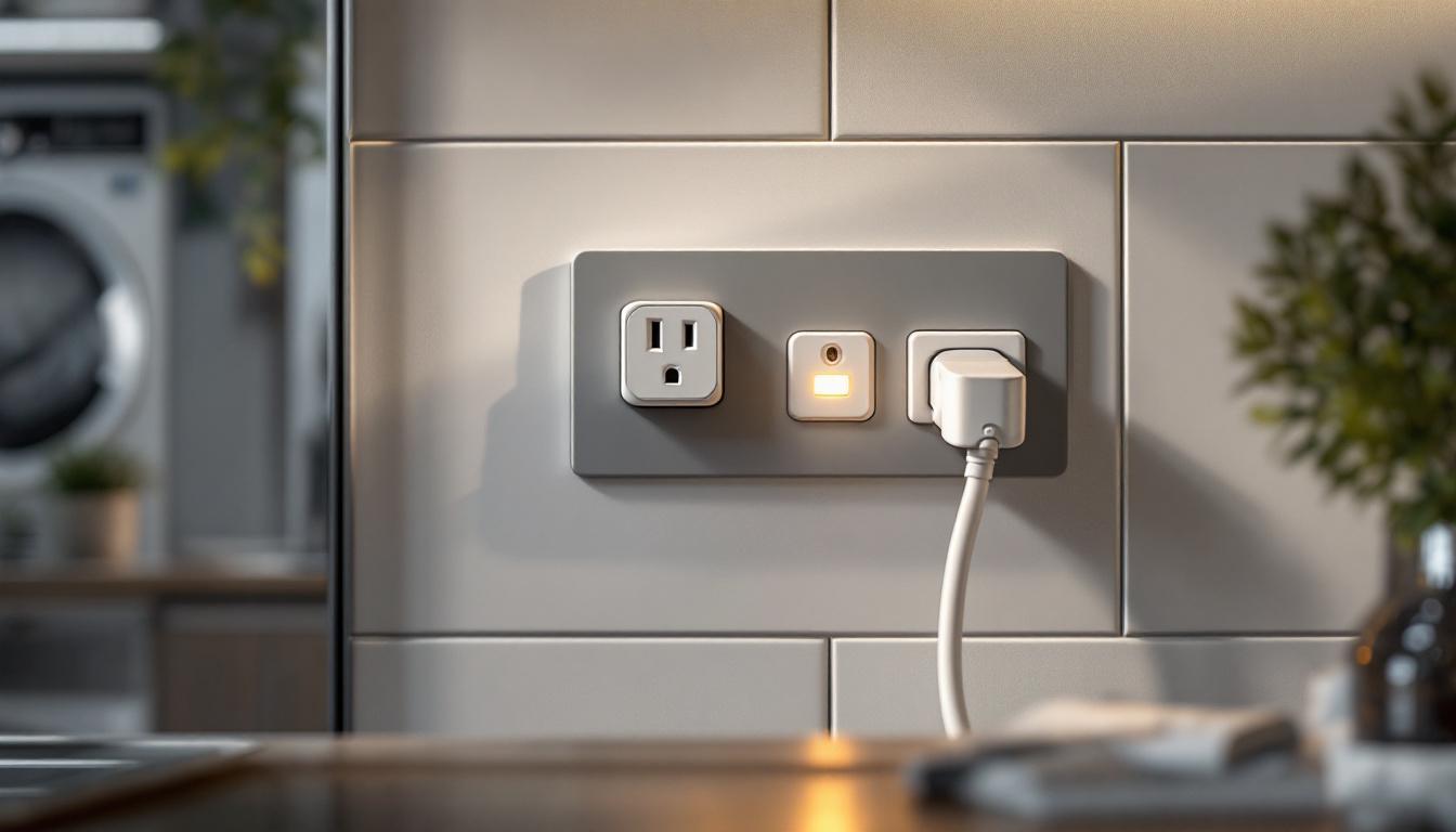 A photograph of a close-up shot of a well-designed plug and socket setup in a modern laundry room