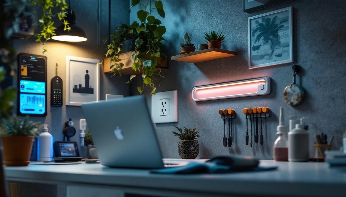 A photograph of a well-organized workspace featuring a washer wall outlet integrated with innovative lighting solutions
