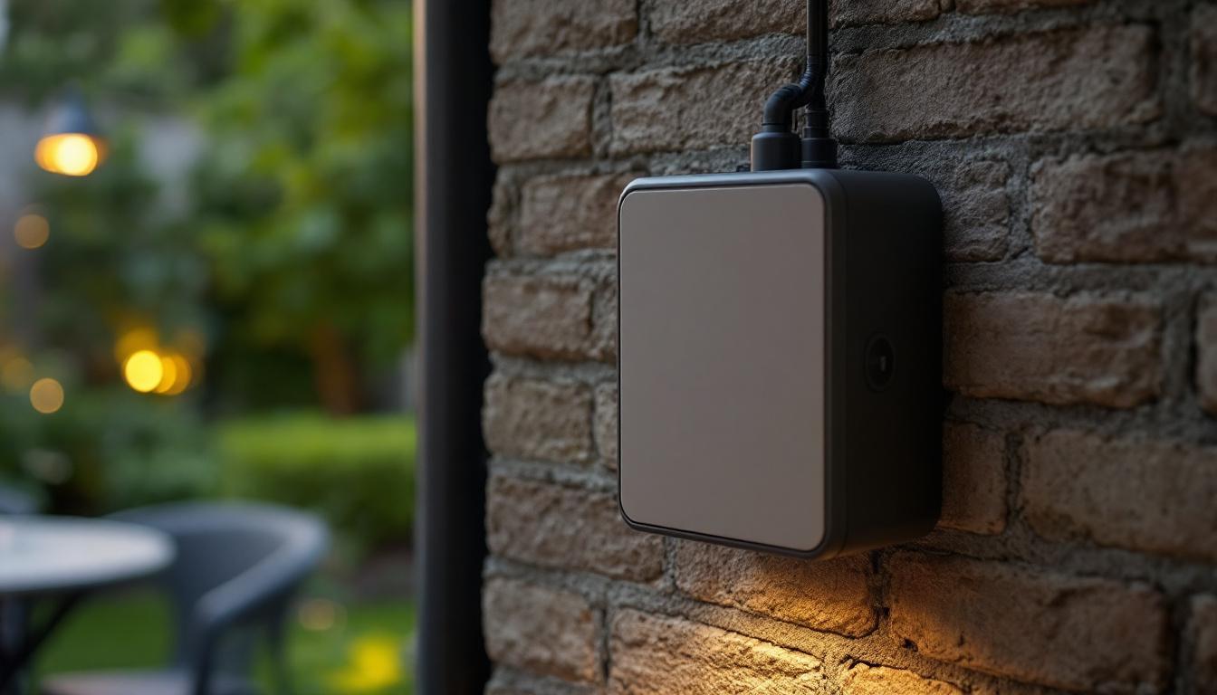 A photograph of a well-lit outdoor junction box light installed in a garden or patio setting