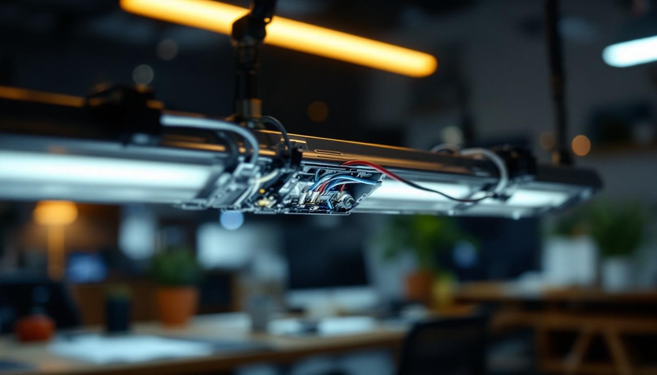 A photograph of a close-up of an led light fixture with its ballast removed