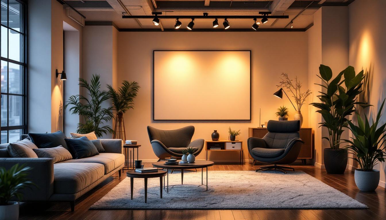 A photograph of a beautifully lit indoor space featuring a track lighting system