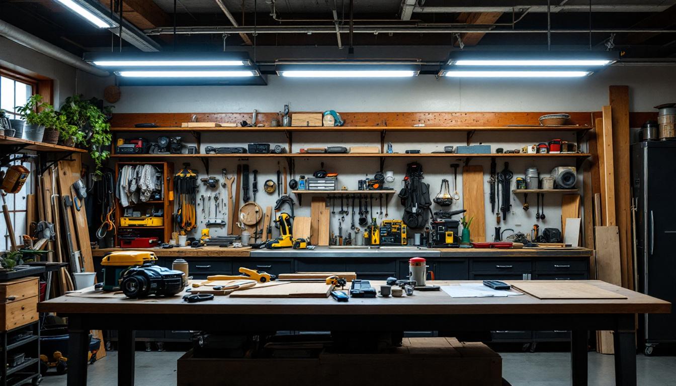A photograph of a well-lit workshop or garage featuring the best 8-foot led shop lights in action