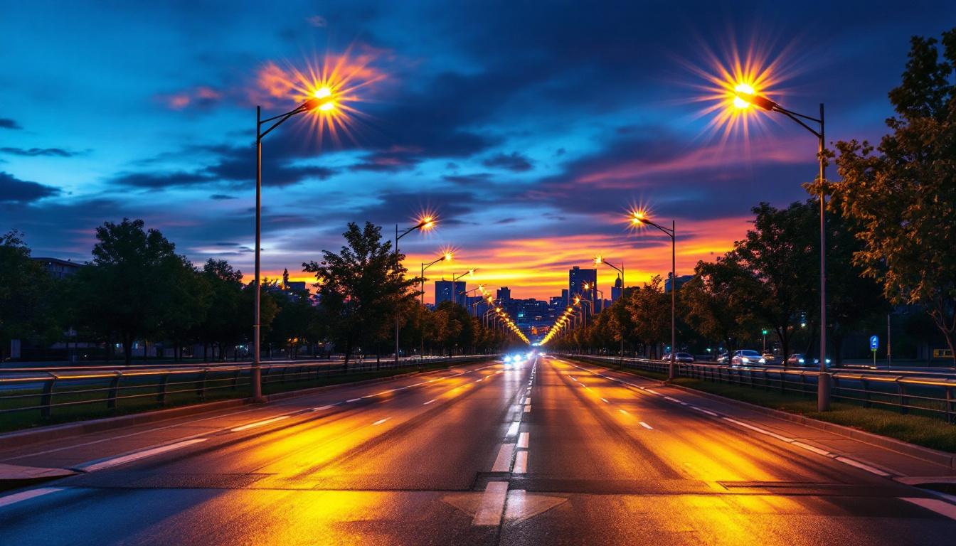 A photograph of a modern street illuminated by bright led lights at dusk