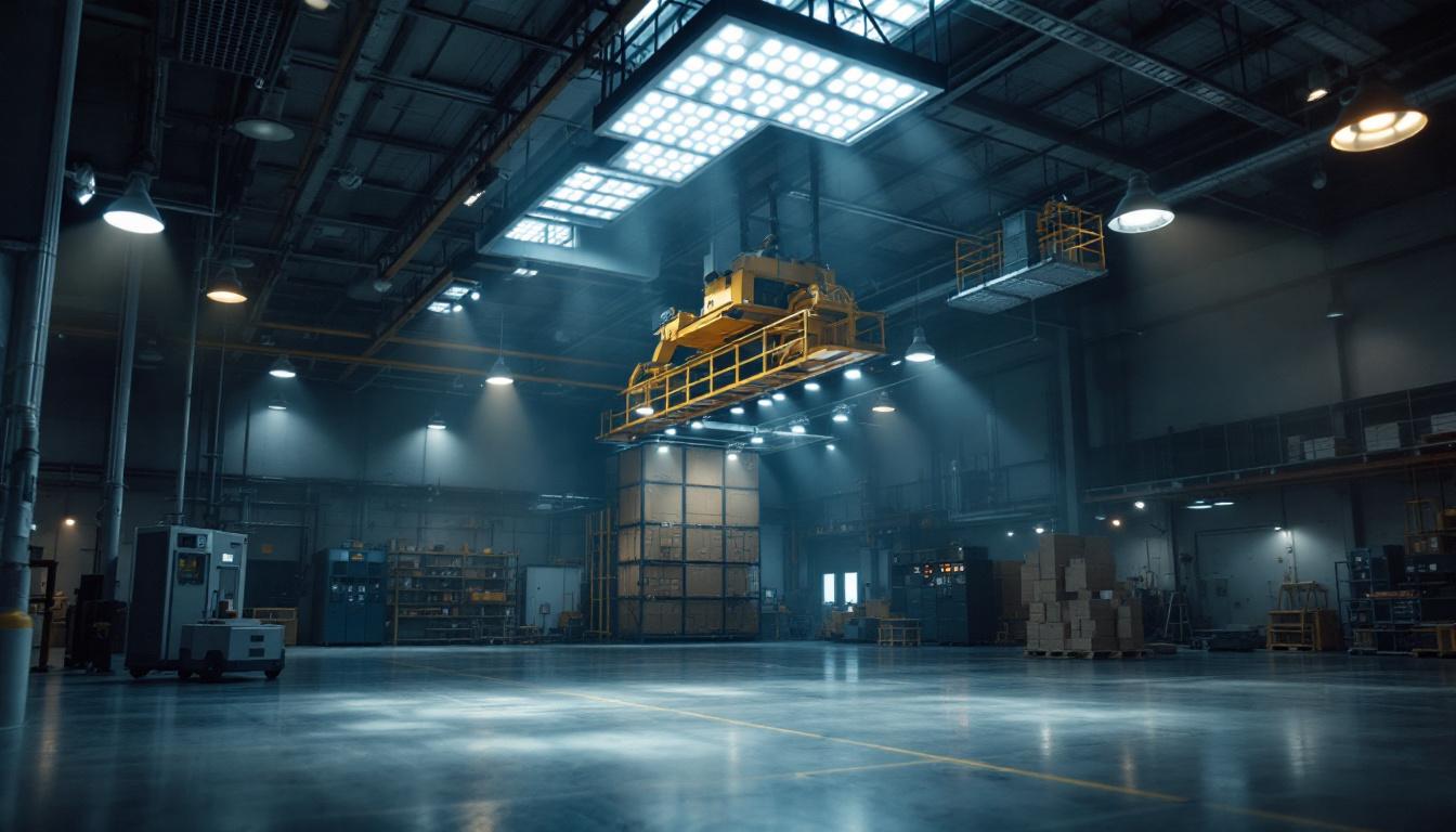 A photograph of a well-lit industrial space showcasing high bay led lights in action