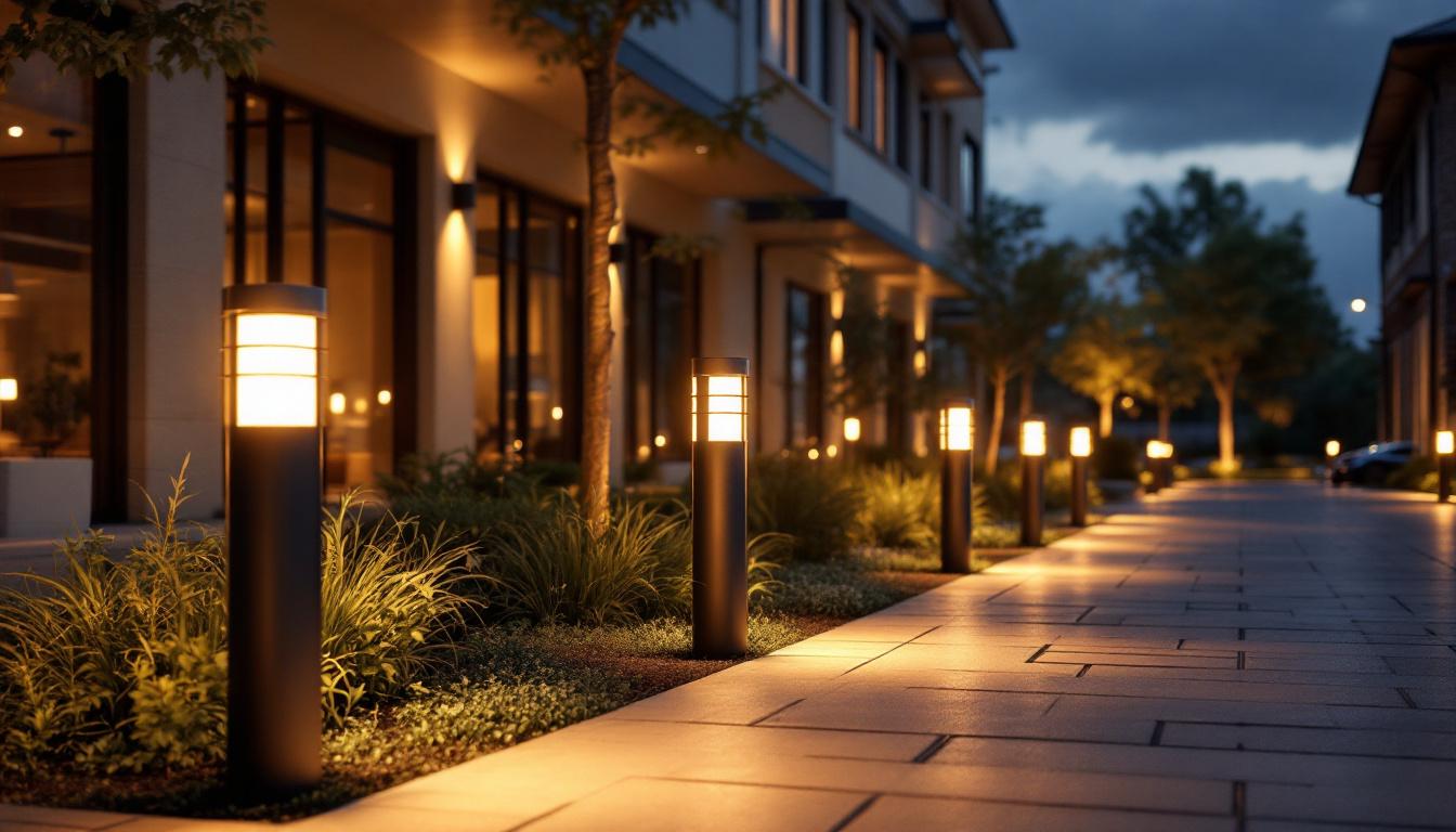 A photograph of a well-lit commercial outdoor space featuring various styles of bollard lights
